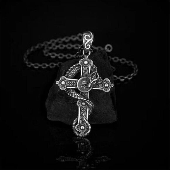 Dragon Skull Cross Mystical Unisex Stainless Steel Pendant Necklace - Picture 2 of 8